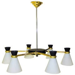 French 1950s Chandelier with Six Opaline Glass Diabolo Shades
