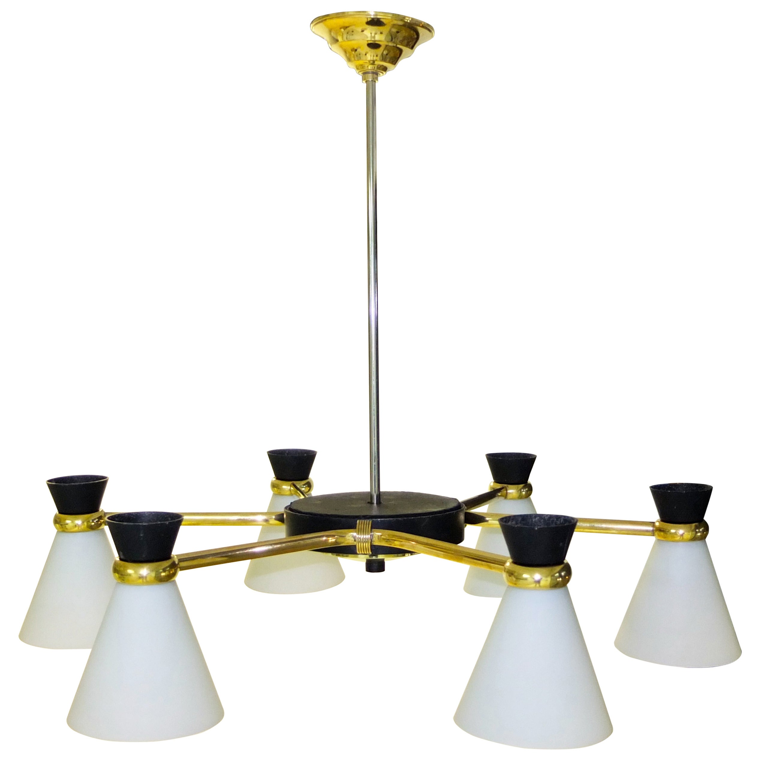 French 1950s Chandelier with Six Opaline Glass Diabolo Shades For Sale