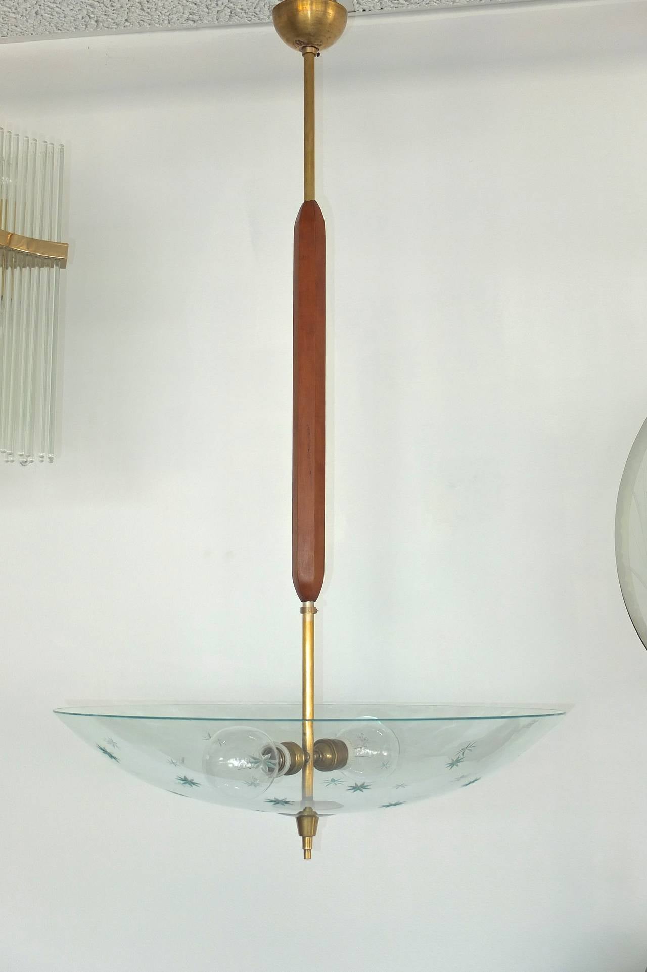 Unusual vintage Italian suspension lamp from the late 1950's early 1960's with a solid brass stem 39