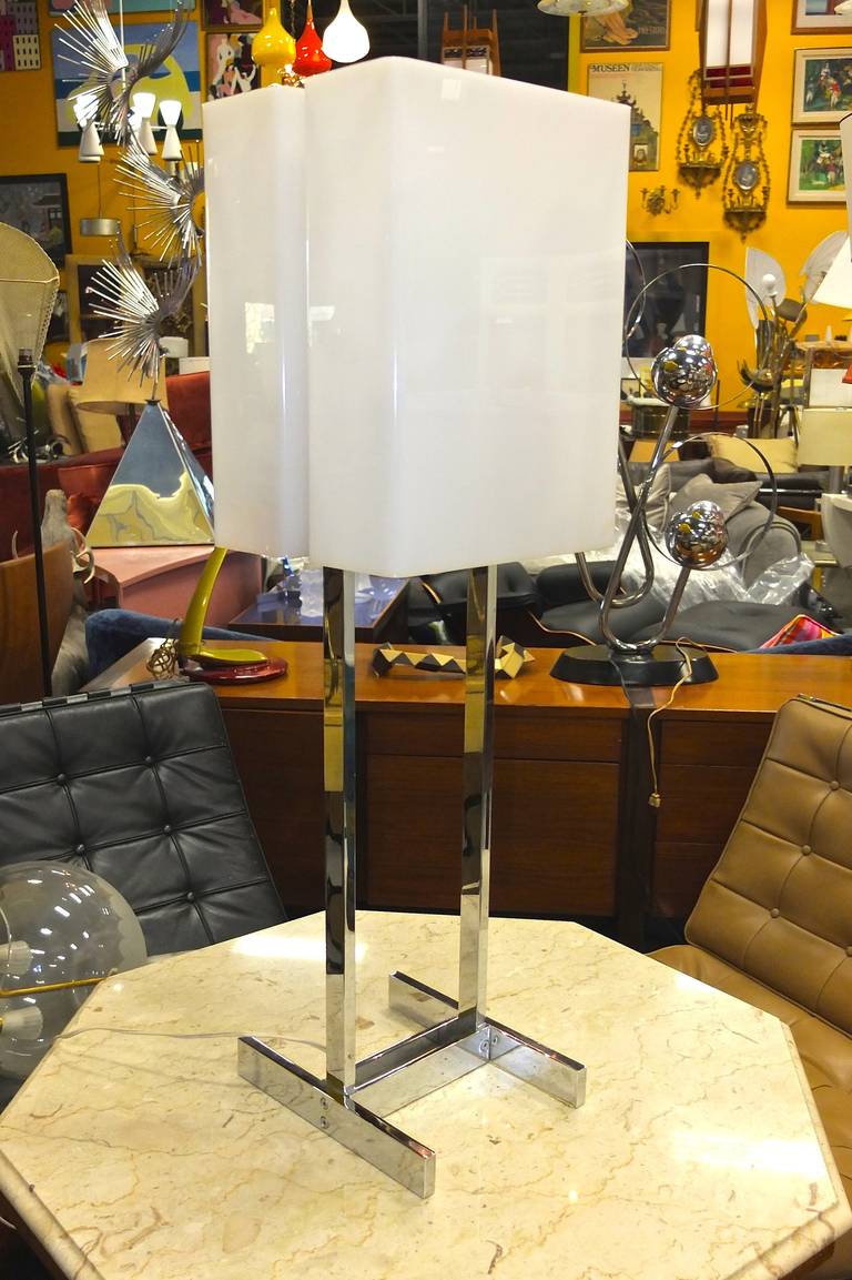 American Chrome & White Plexi Box Shade Lamp in the Style of Paul Mayen For Sale
