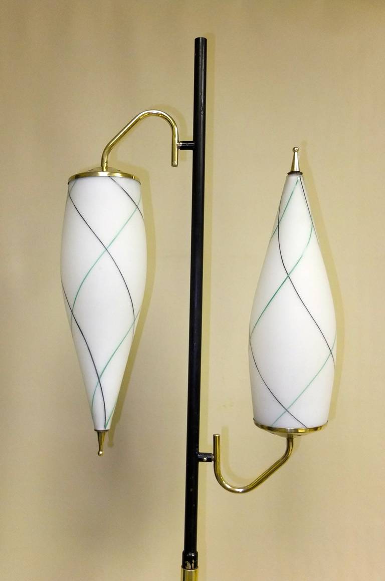 Mid-20th Century 1950s Italian Brass Floor Lamp with Opaline Cesendello Glass For Sale