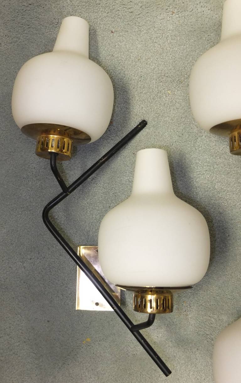 Mid-Century Modern Stilnovo Brass & Opaline Glass ZigZag Wall Lamps