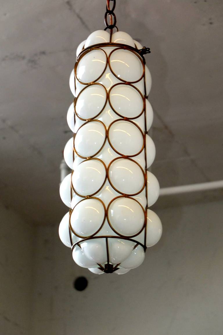 Murano cased glass caged bubble lantern pendant in an unusually elongated form: 18