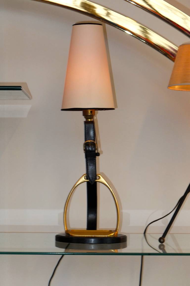 Equestrian Stitched Leather & Brass Lamp by Longchamps In Excellent Condition For Sale In Hanover, MA