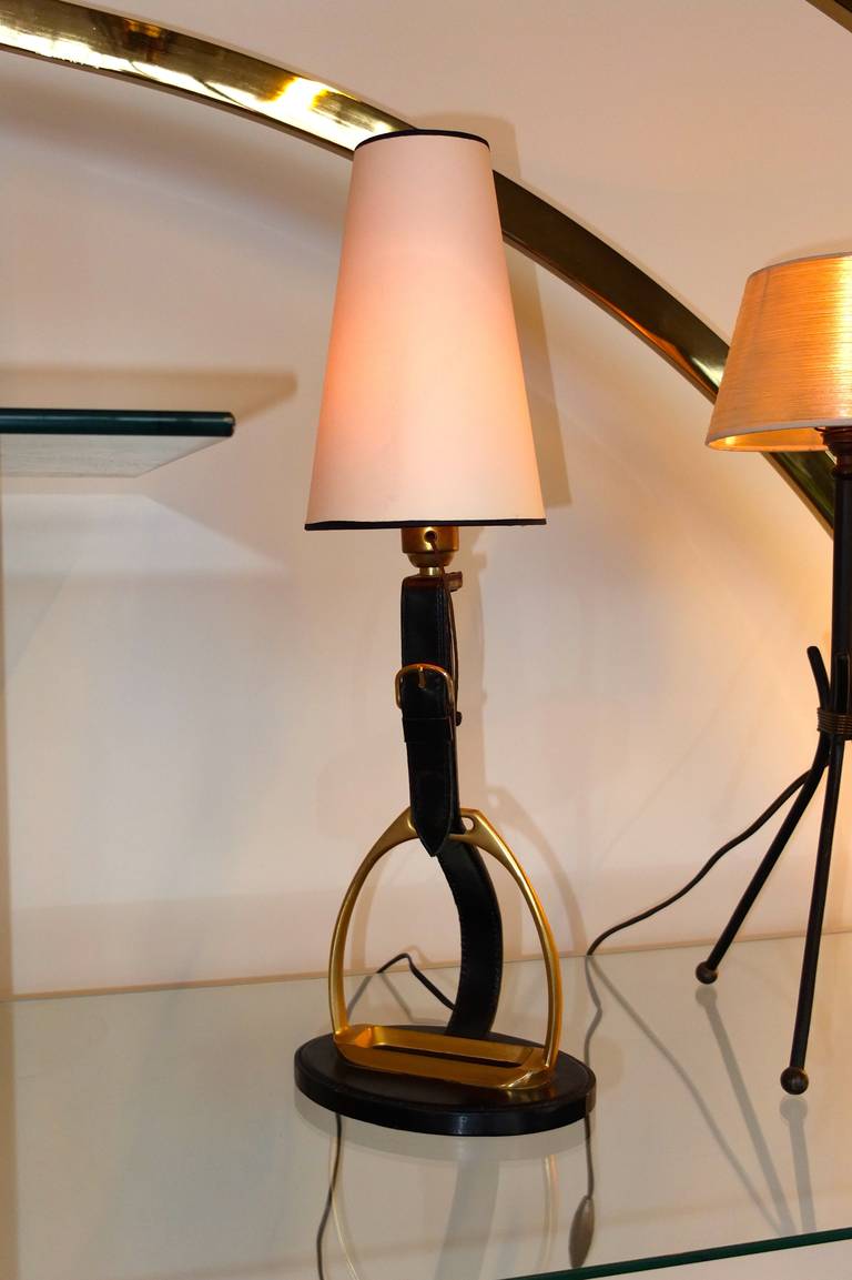 Equestrian Stitched Leather & Brass Lamp by Longchamps For Sale 1