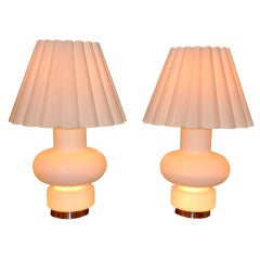 Pair of 1970's Chrome & White Frosted Glass Lamps by Laurel