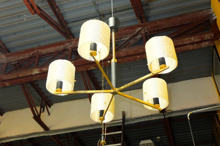 Mid-Century Modern Maison Arlus Five-Arm Brass Chandelier with Spun Resin Shades For Sale