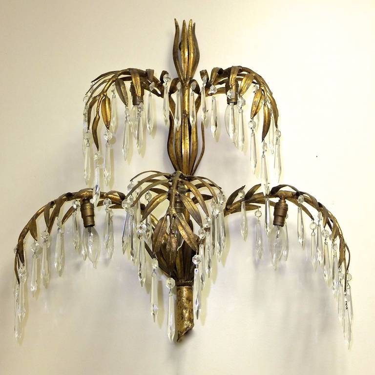 Extravagant pair of 1950s Italian gilt tole palm frond wall-mounted lamps with six palm branches in a variation of sizes and five candelabra bulb sockets, each capable of up to 60 watts per bulb. A crystal prism dangles from each individual palm