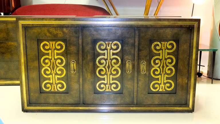 American Mastercraft Credenza in Brass Decorated Carpathian Elm