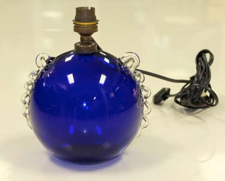 Cobalt blue glass ball boudoir lamp from France in the style of Jacques Adnet.