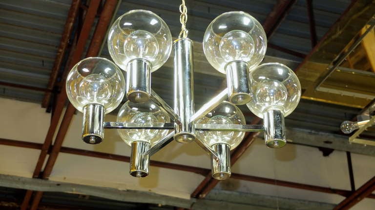 Late 20th Century Chrome & Glass Six Arm Modern Chandelier For Sale