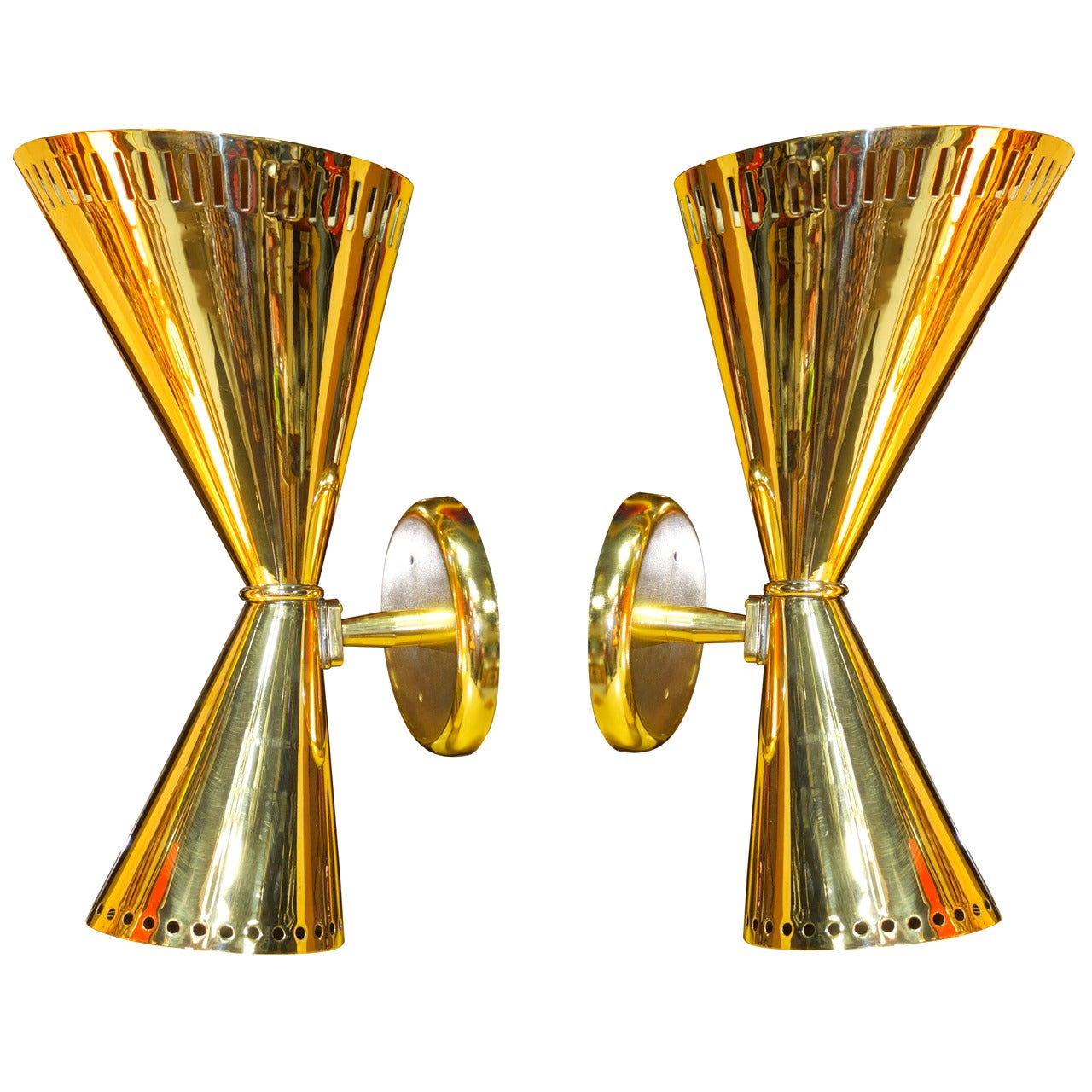 Oversized Pair of Italian Brass Diabolo Sconces by Stilnovo