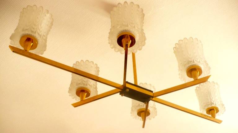 Mid-20th Century French 1950's Linear Six Light Brass Chandelier