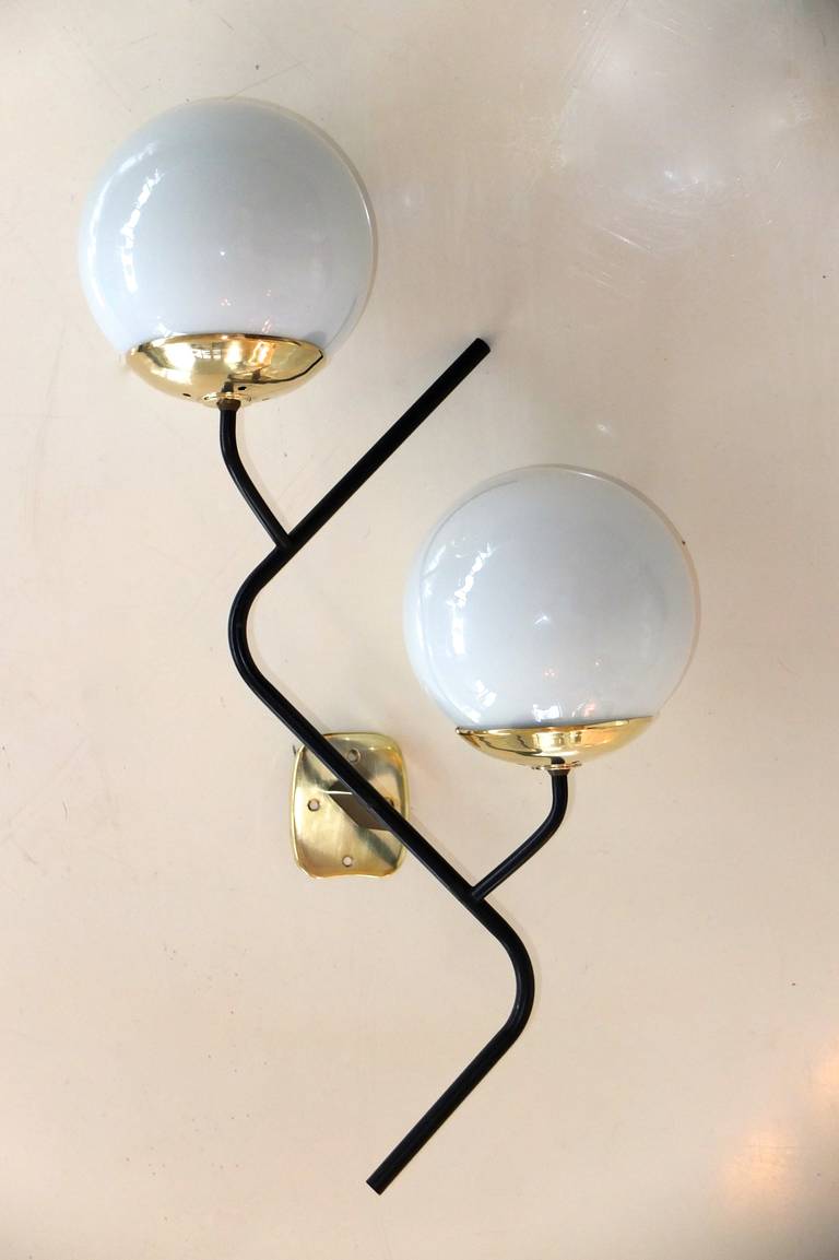 Stilnovo Brass & Opaline Glass ZigZag Wall Lamps 3