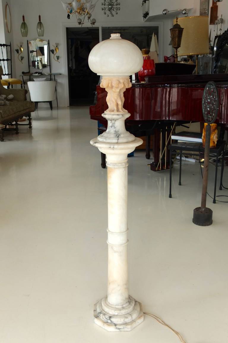 Art Deco Early 20th Century Italian Figural Carved Alabaster Lamp on Column