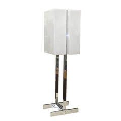 Vintage Chrome & White Plexi Box Shade Lamp in the Style of Paul Mayen