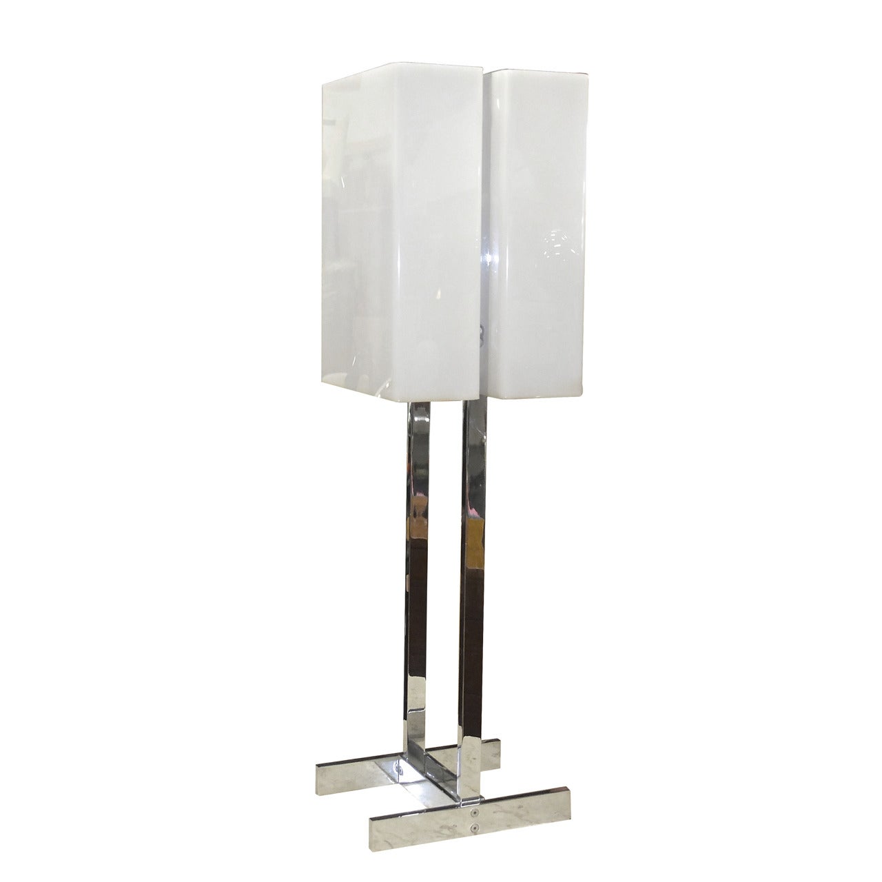 Chrome & White Plexi Box Shade Lamp in the Style of Paul Mayen