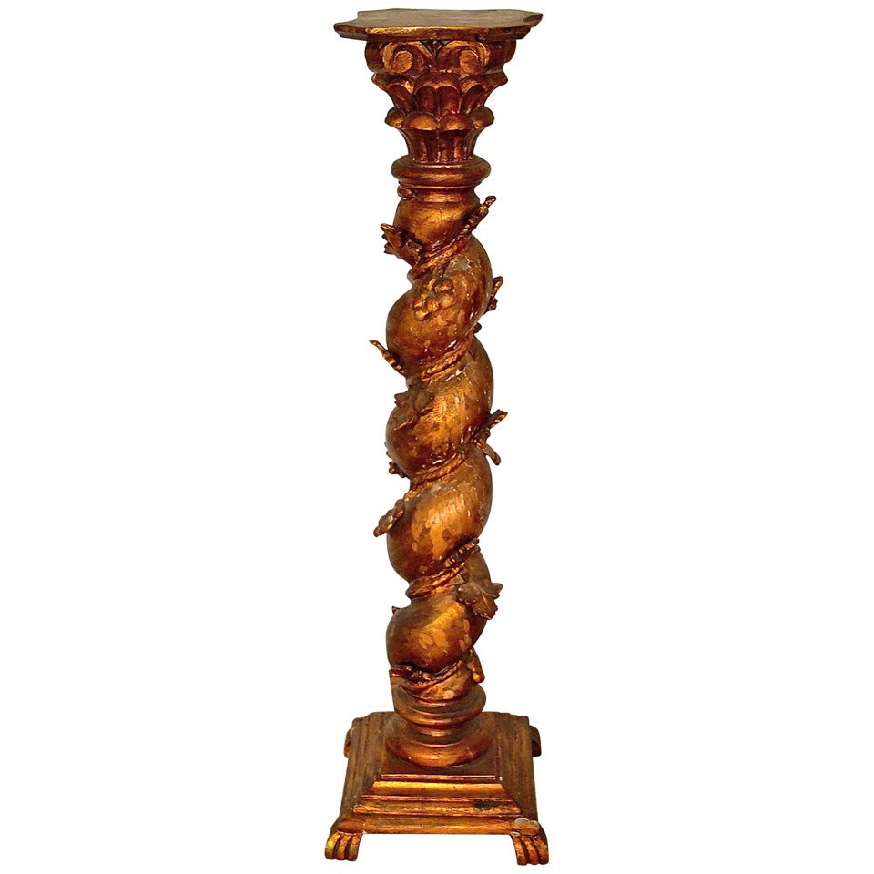 Carved Giltwood Italian Barley Twist Pedestal Column