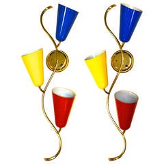 Serpentine Brass Sconces with Enameled Aluminum Cones 7