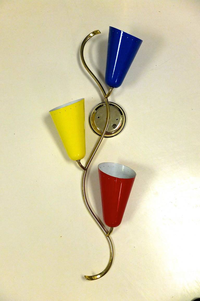 Serpentine Brass Sconces with Enameled Aluminum Cones