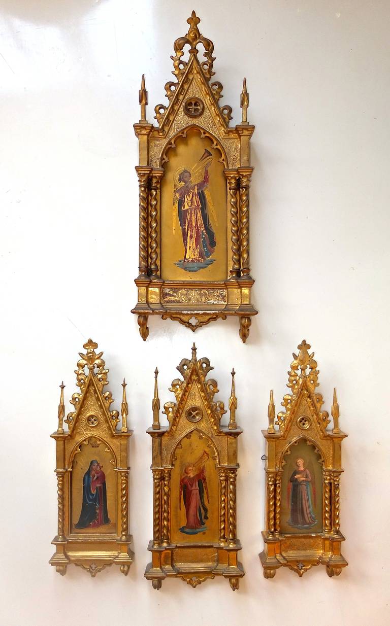 A group of four lovely 19th century paintings of Fra Angelico's angels from The Linaioli Tabernacle, 1433, where, when the tabernacle doors are open, can be seen a band of twelve angels playing different musical instruments (see Image 10).  These
