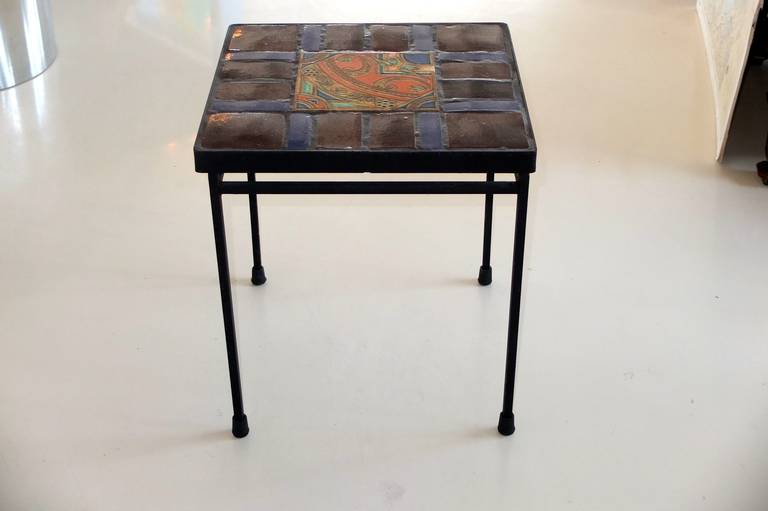 Late 20th Century Square Iron and Glazed Stoneware Tile Occasional Table