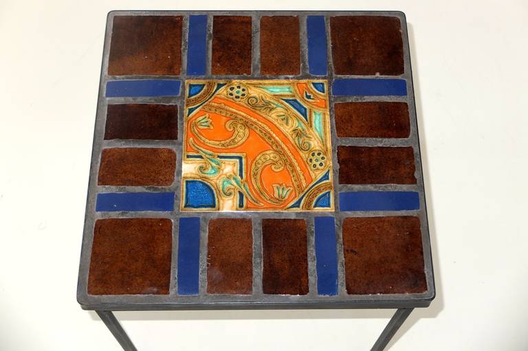 Modern Square Iron and Glazed Stoneware Tile Occasional Table