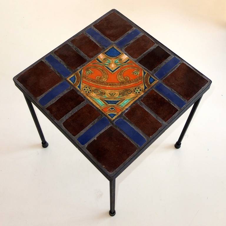 Square Iron and Glazed Stoneware Tile Occasional Table In Excellent Condition In Hanover, MA