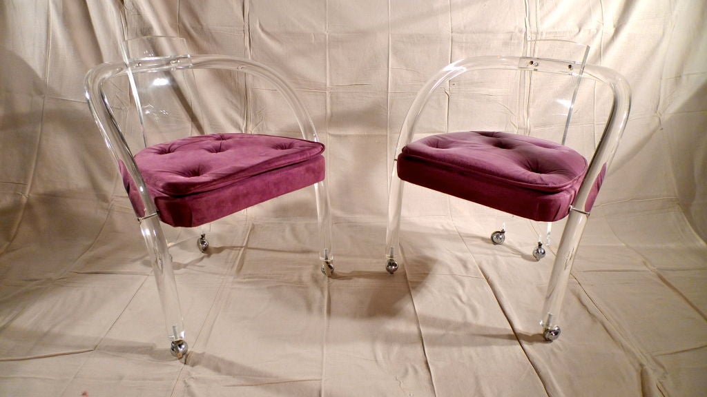 Set of TWO (a pair have been sold already) vintage lucite chairs in tri-pod form with the back rest extending to be the rear 