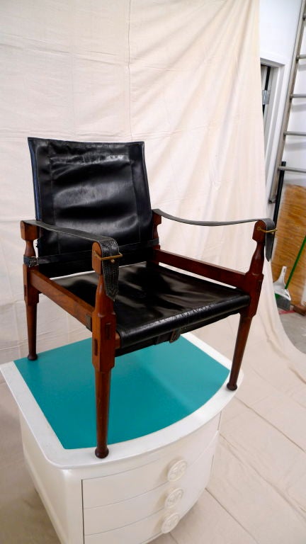 Danish Pair of Rosewood & Black Leather  Campaign Safari Chairs