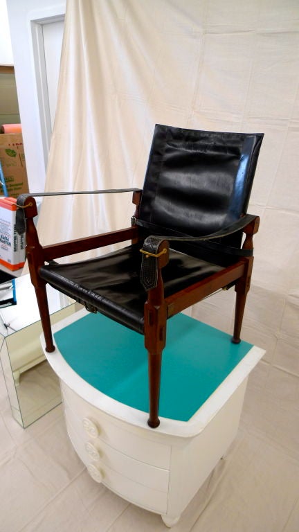Mid-20th Century Pair of Rosewood & Black Leather  Campaign Safari Chairs