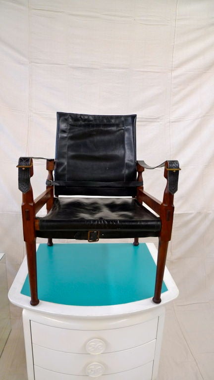Pair of Rosewood & Black Leather  Campaign Safari Chairs 1
