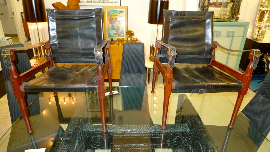 Pair of Rosewood & Black Leather  Campaign Safari Chairs 2