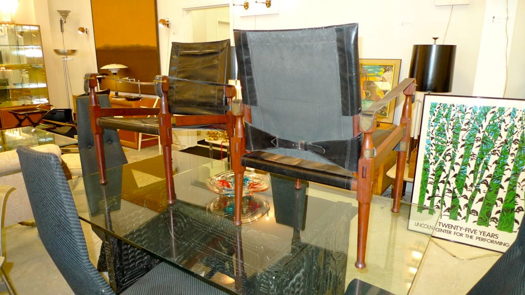 Pair of Rosewood & Black Leather  Campaign Safari Chairs 4