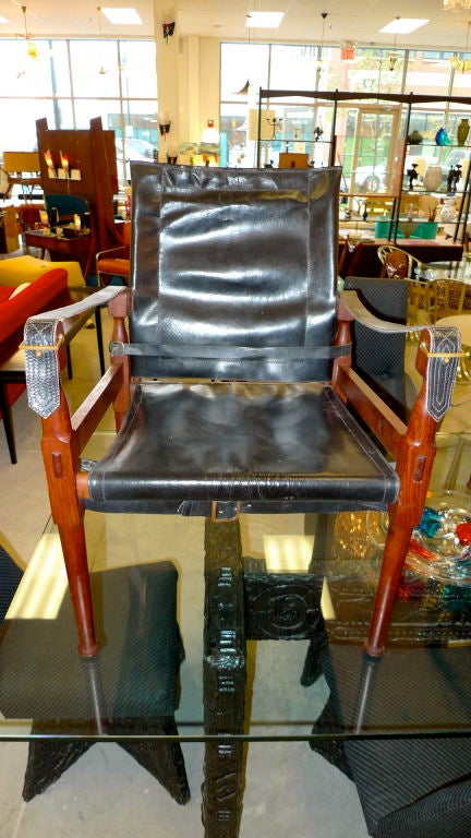 Pair of Rosewood & Black Leather  Campaign Safari Chairs 5