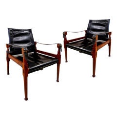 Pair of Rosewood & Black Leather  Campaign Safari Chairs