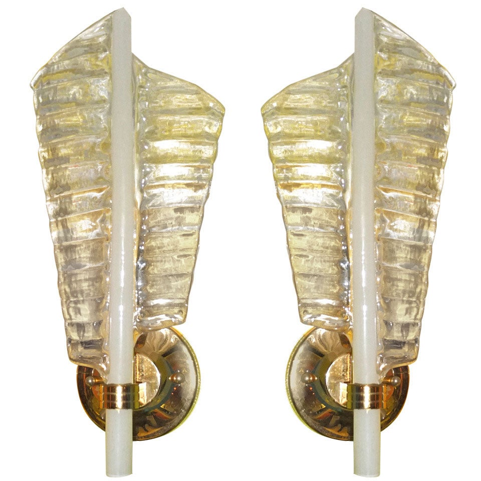 Pair of Murano Glass Feather Sconces By Barovier & Toso (signed)