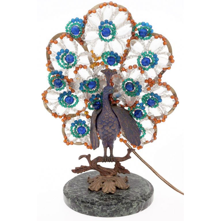 Bohemian Bronze and Beaded Glass Peacock Lamp For Sale