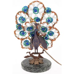 Bohemian Bronze and Beaded Glass Peacock Lamp