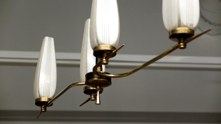 Brass French Modernist Linear Chandelier For Sale