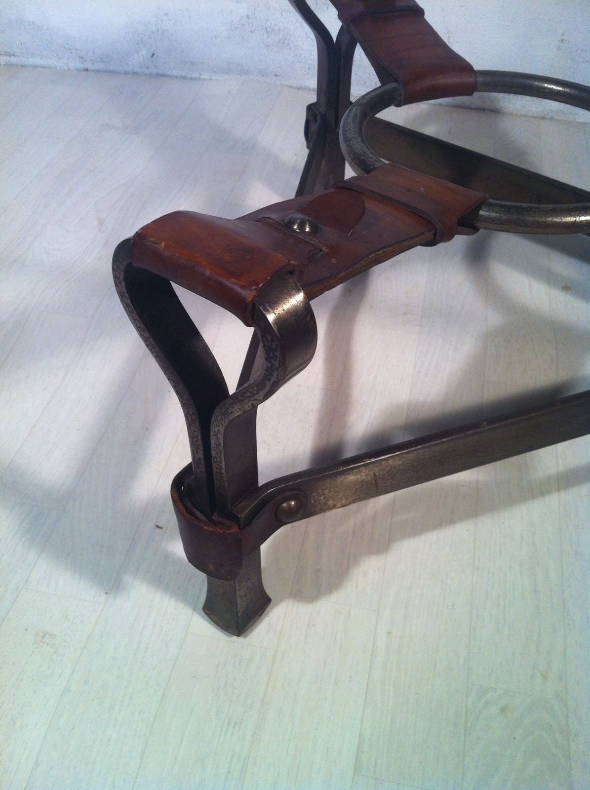 French 1950s 'Fer Forge' Leather Strap Cocktail Table In Excellent Condition In Hanover, MA
