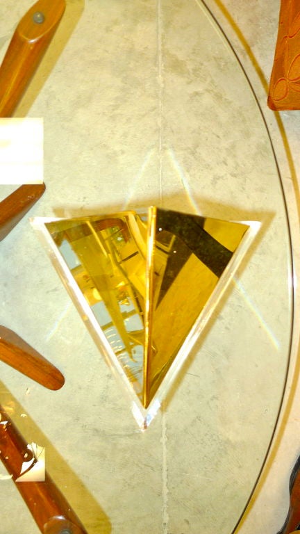 Pair of wall sconces in the manner of Charles Hollis Jones with inverted triangle Lucite plaques and lacquered brass reflector in form of a pyramid.

Multiples available.
