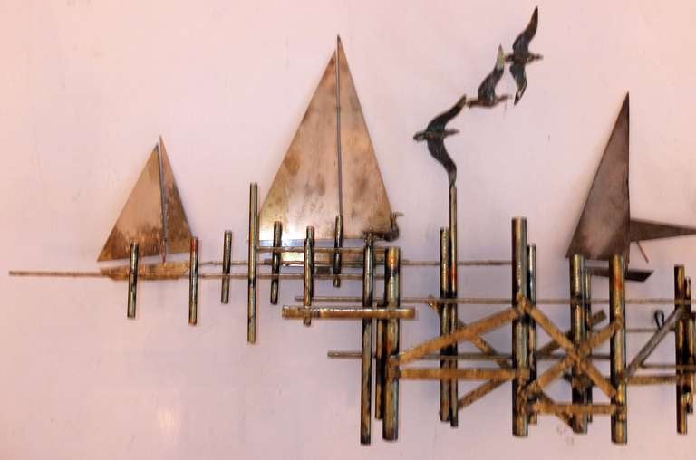 American Sailboats & Dock Wall Sculpture by Curtis Jere