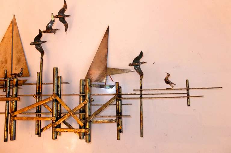 Sailboats & Dock Wall Sculpture by Curtis Jere In Excellent Condition In Hanover, MA