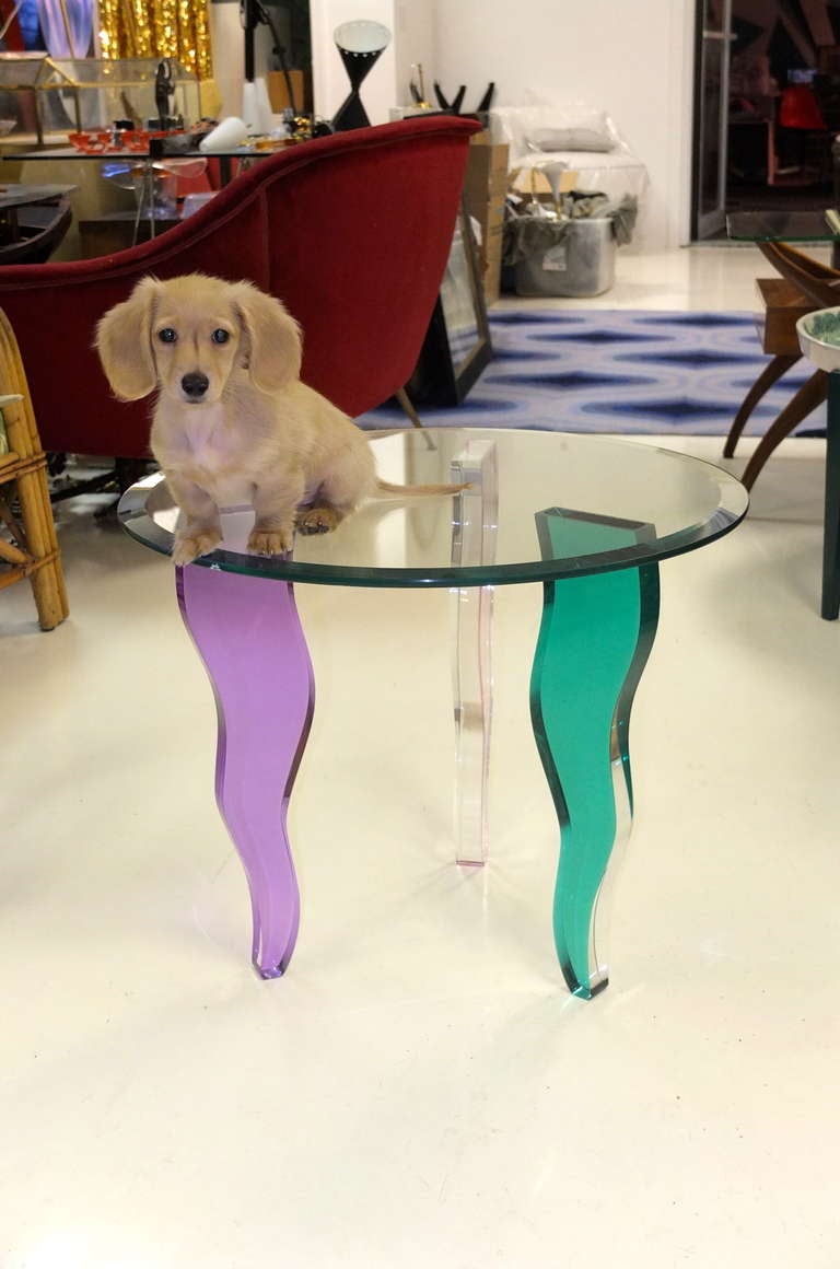 Colored Lucite Three Leg Occasional Table In Excellent Condition In Hanover, MA