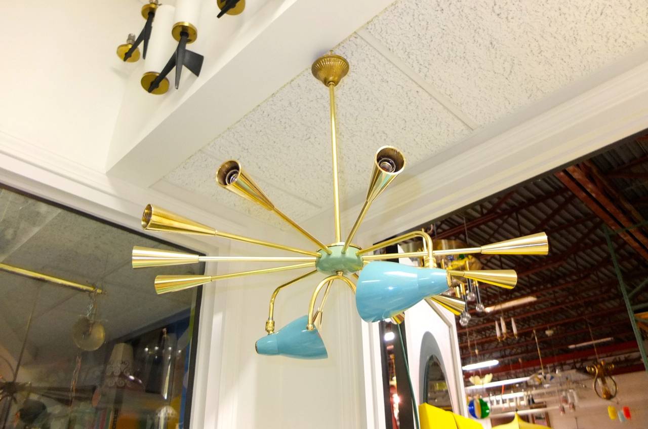 1950s Italian Brass Sputnik Chandelier with Two Adjustable Cones In Excellent Condition In Hanover, MA