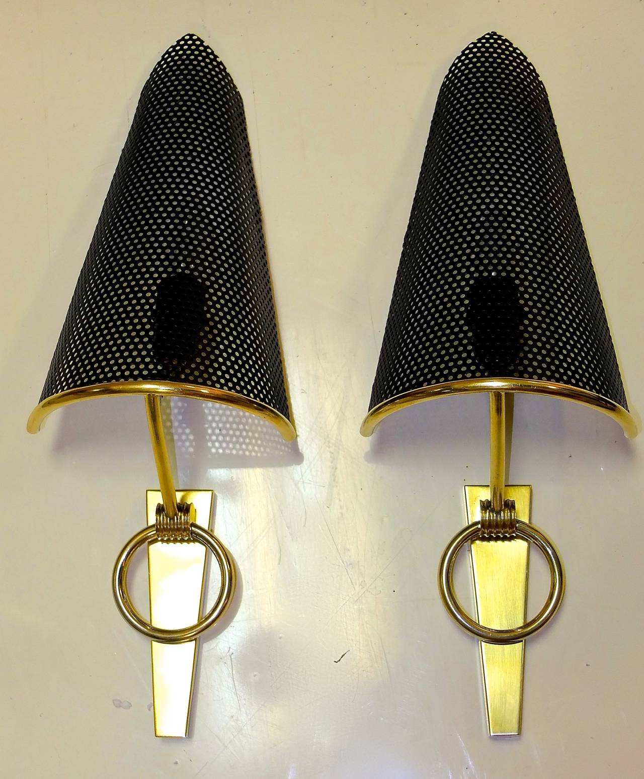 French Pair of 1950's Lunel Sconces with Perforated Metal Shades