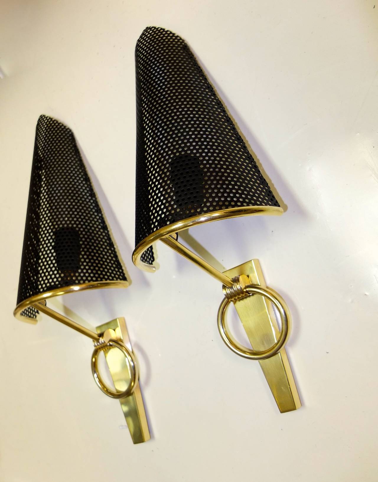 Pair of 1950's Lunel Sconces with Perforated Metal Shades In Excellent Condition In Hanover, MA