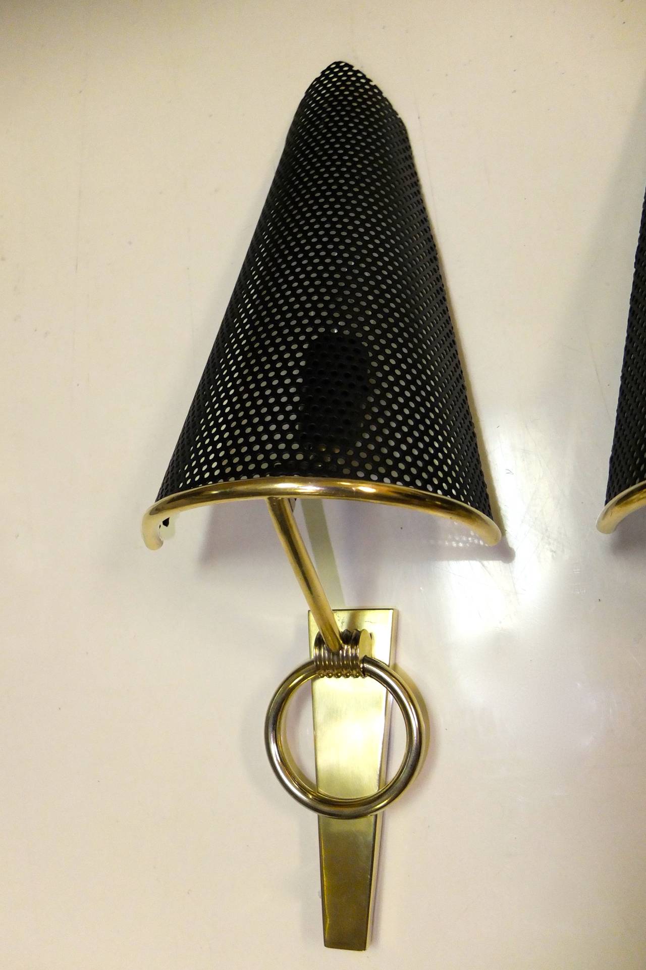 Mid-20th Century Pair of 1950's Lunel Sconces with Perforated Metal Shades