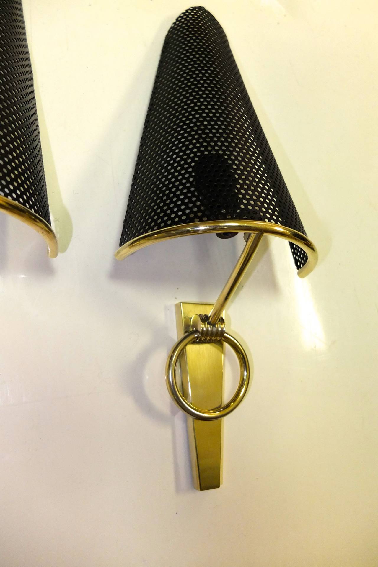 Brass Pair of 1950's Lunel Sconces with Perforated Metal Shades